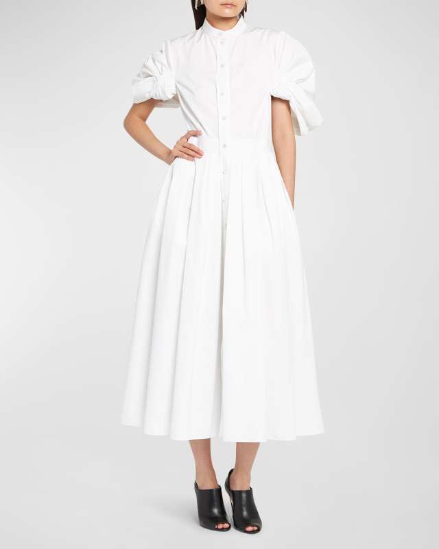 Ruched Puff-Sleeve Button-Front Midi Dress